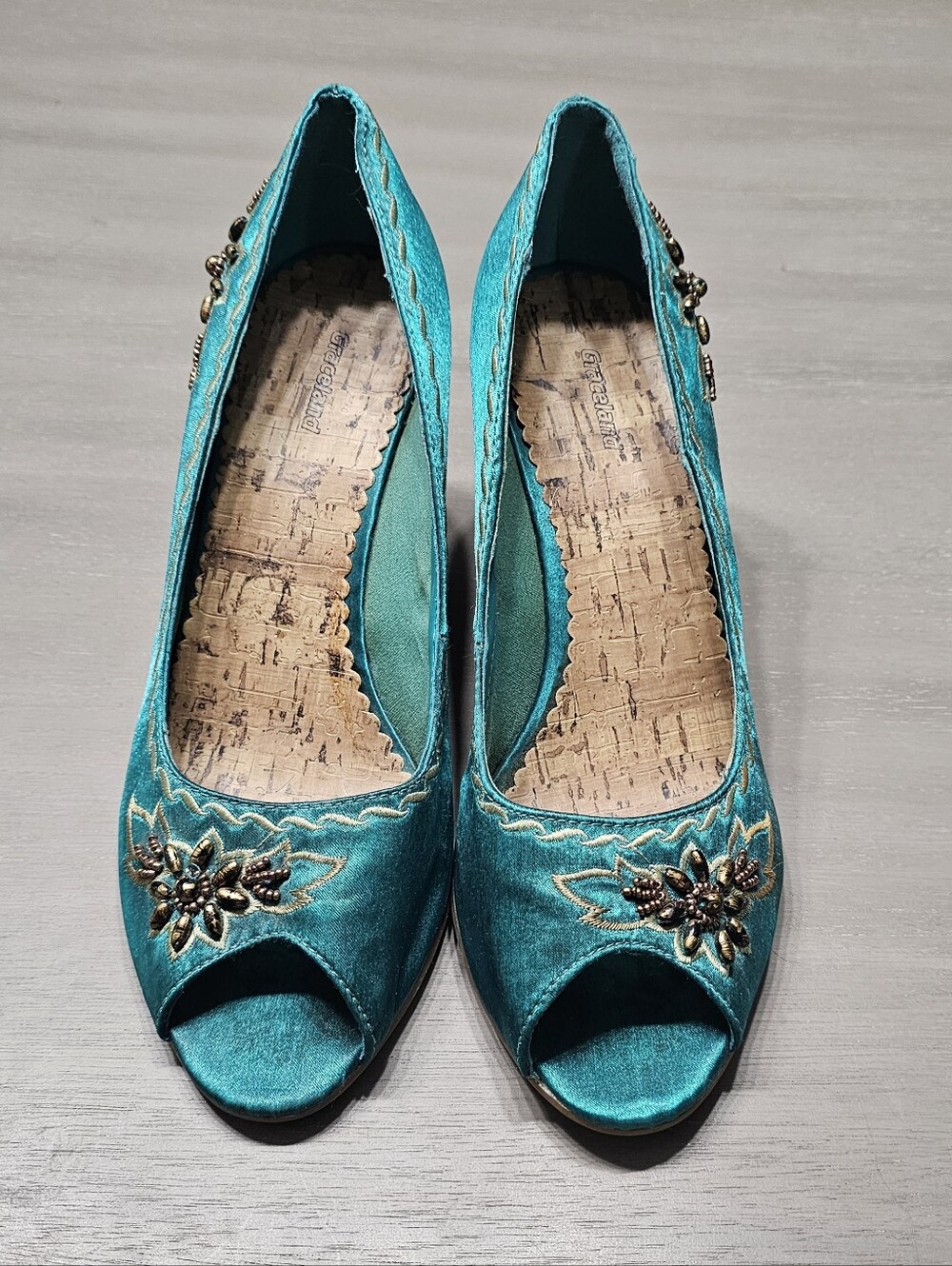 Graceland Teal Embellished Cork Wedge Peep Toe Heels Size 10